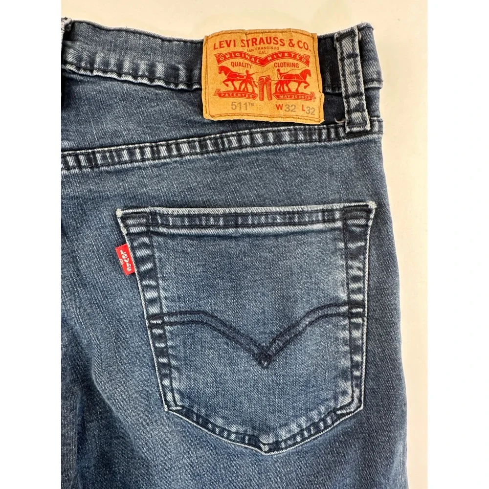 Levi's 511 Slim Fit Stretch Jeans Mens W32 L32 Blue‎ Denim Five Pocket Whiskers